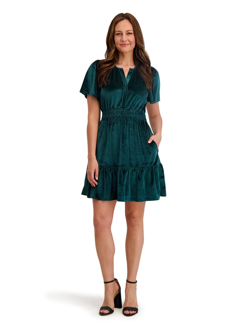 NWT French Connection Emerald Velvet Smocked Waist Mini Dress